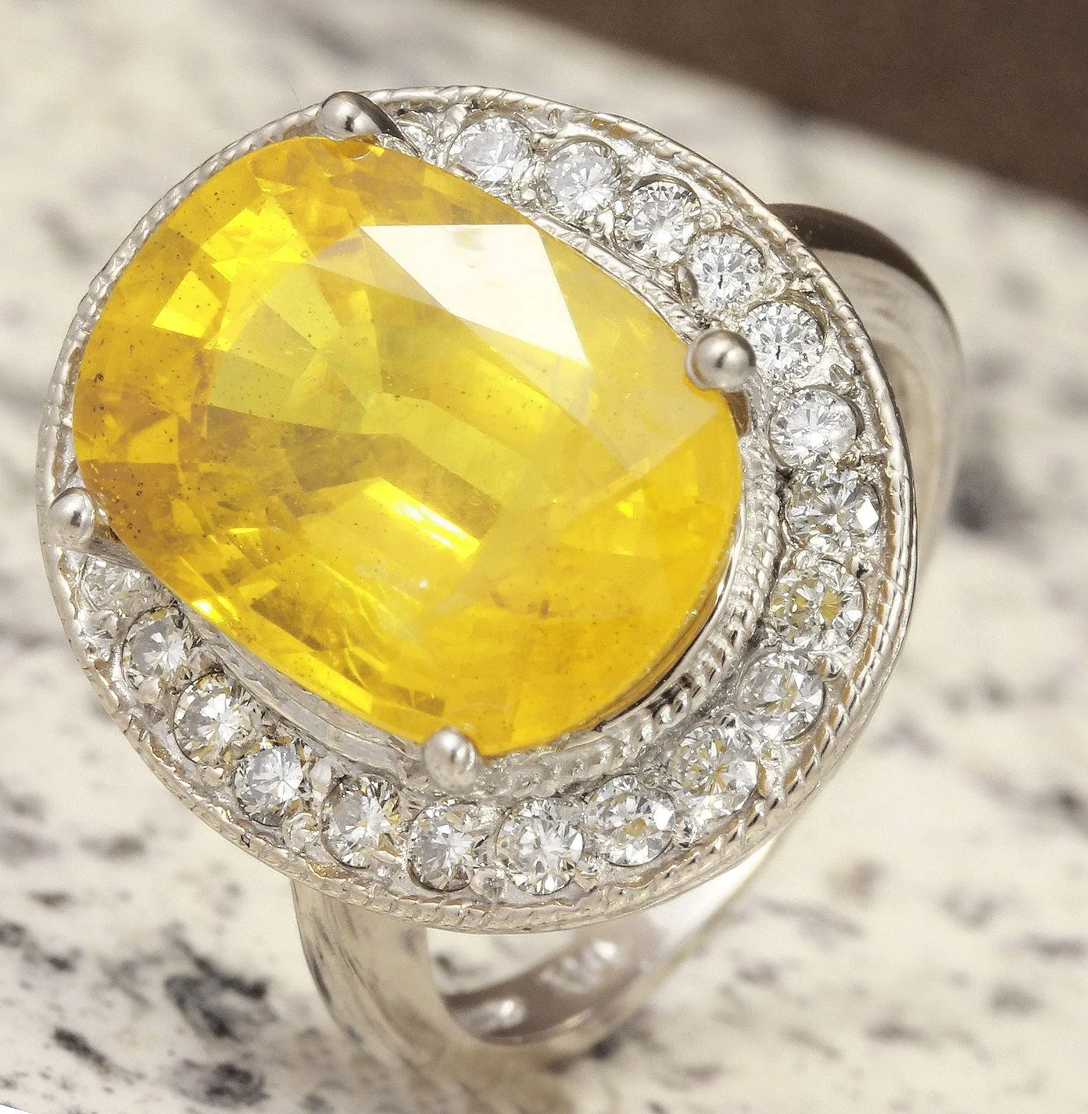 10.85 Carats Exquisite Natural Unheated Yellow Sapphire and Diamond 14K Solid White Gold Ring