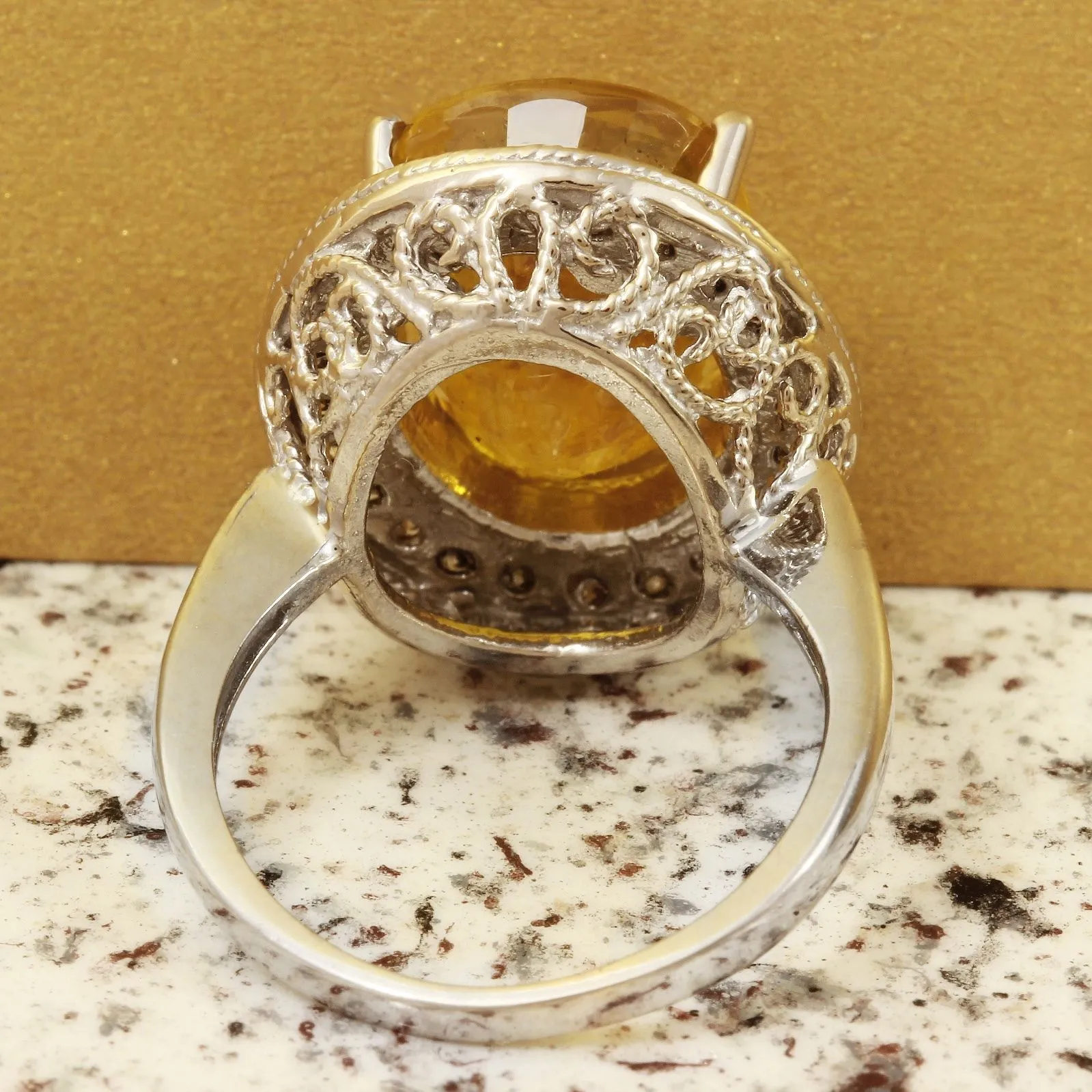 10.85 Carats Exquisite Natural Unheated Yellow Sapphire and Diamond 14K Solid White Gold Ring