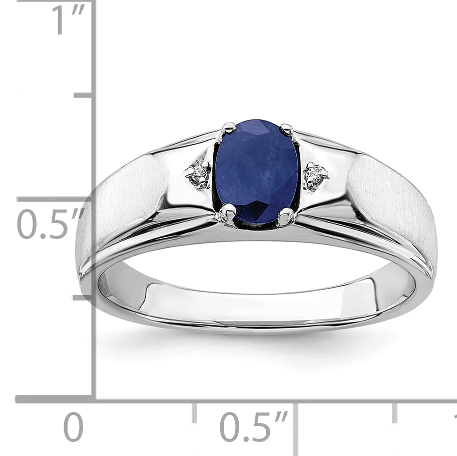 14k White Polished & Satin Sapphire & Diamond Mens Ring