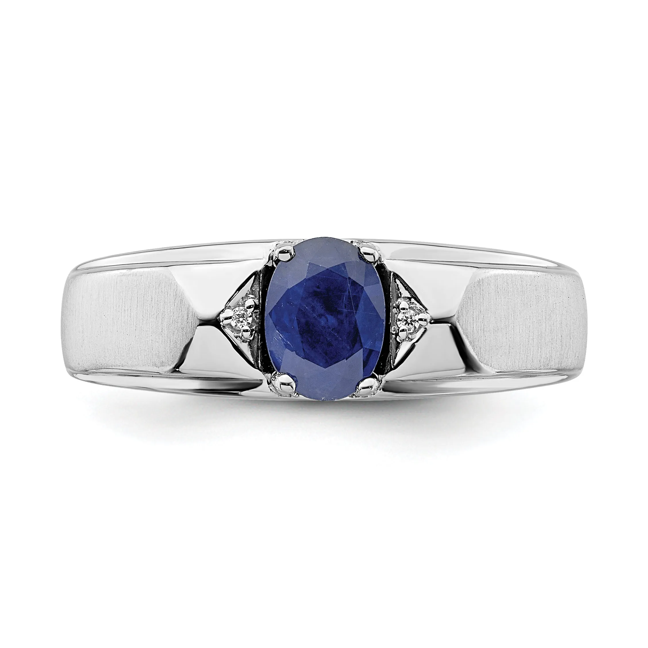 14k White Polished & Satin Sapphire & Diamond Mens Ring