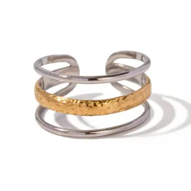18K Gold Plated Hammered Open Cuff Ring