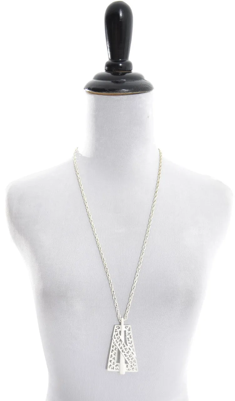 1960's Vintage Trifari White Metal Pendant Necklace T Hang Tag
