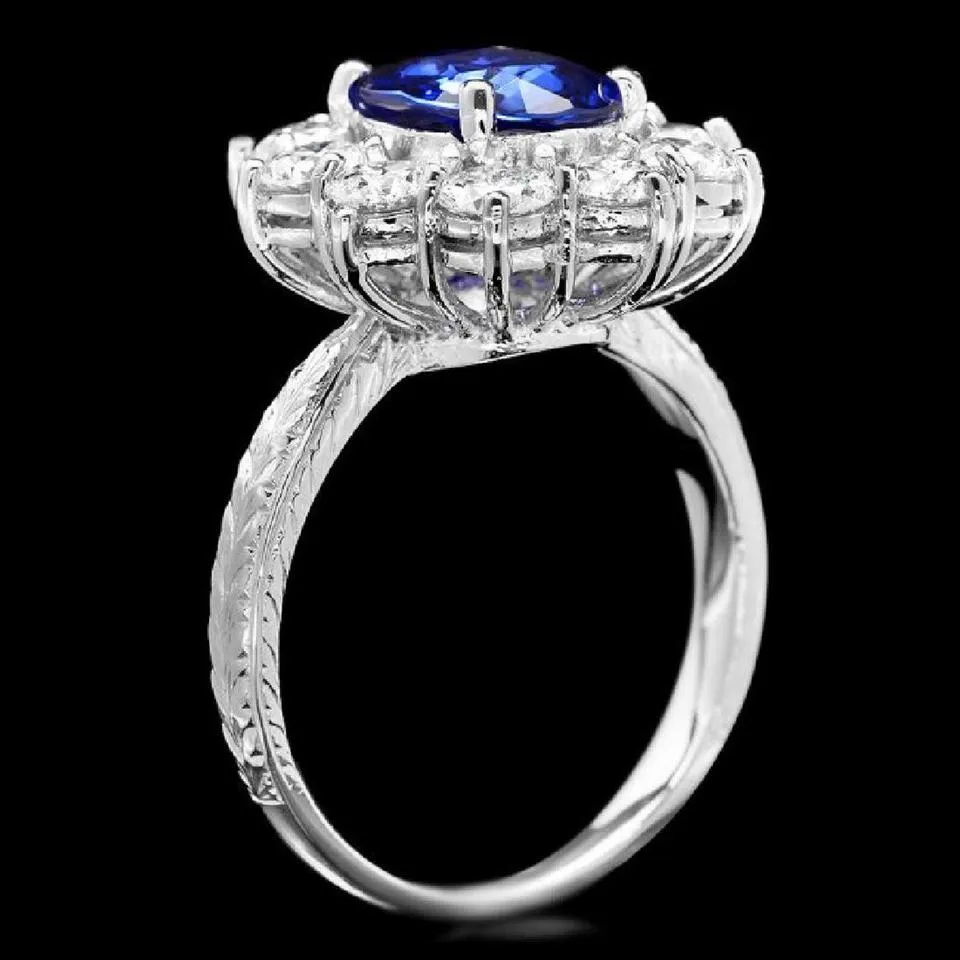 3.60 Carats Exquisite Natural Blue Sapphire and Diamond 14K Solid White Gold Ring