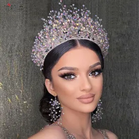 Bridal Headdress Crown Set with Colored Diamond Necklace and Earrings