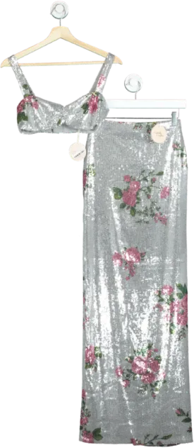 Camila Coelho Silver Pink Floral Sequin Two-Piece Co-ord Set UK S