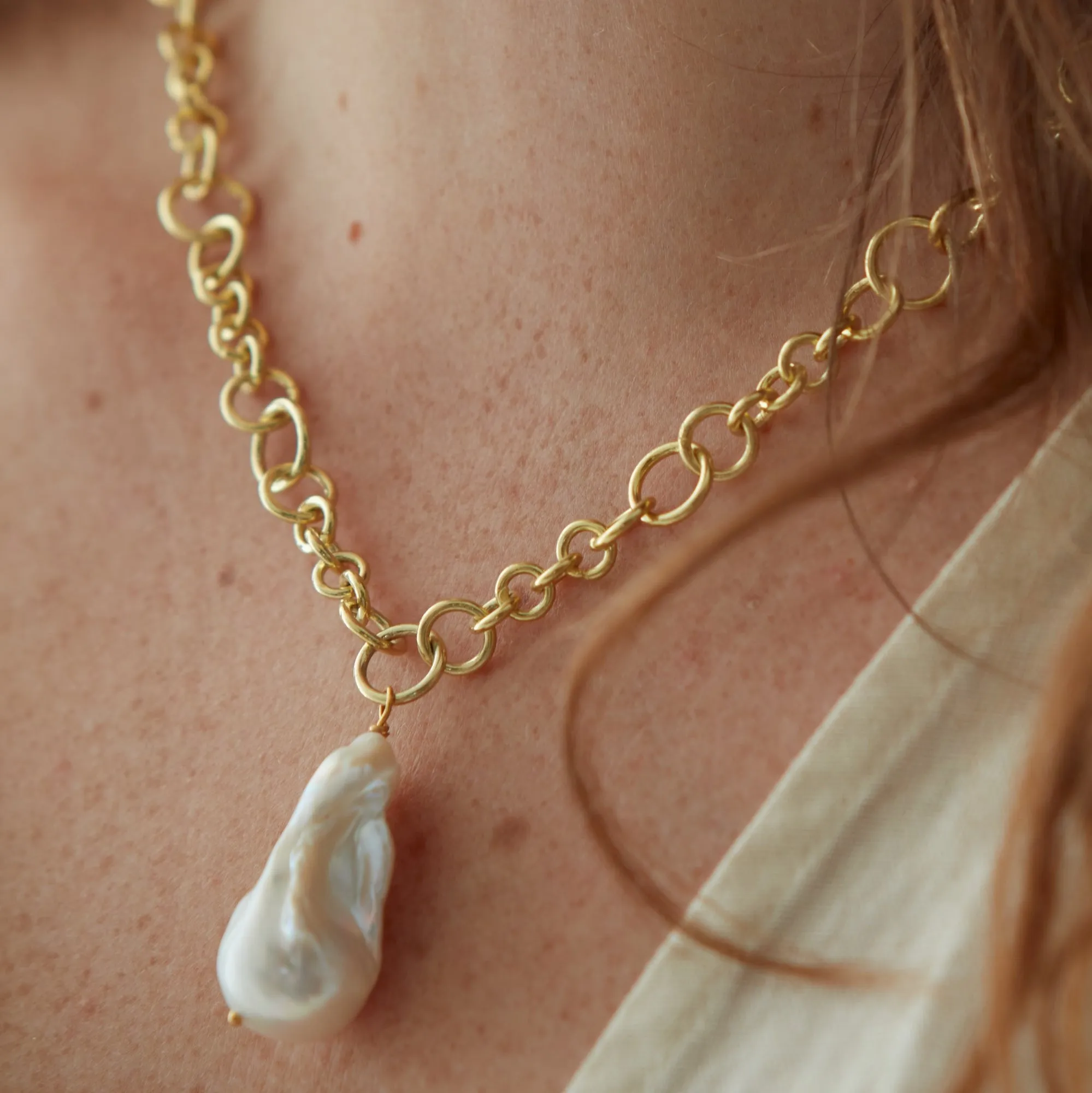 Decus large baroque 'fireball' cultured freshwater pearl drop on chunky gold chain