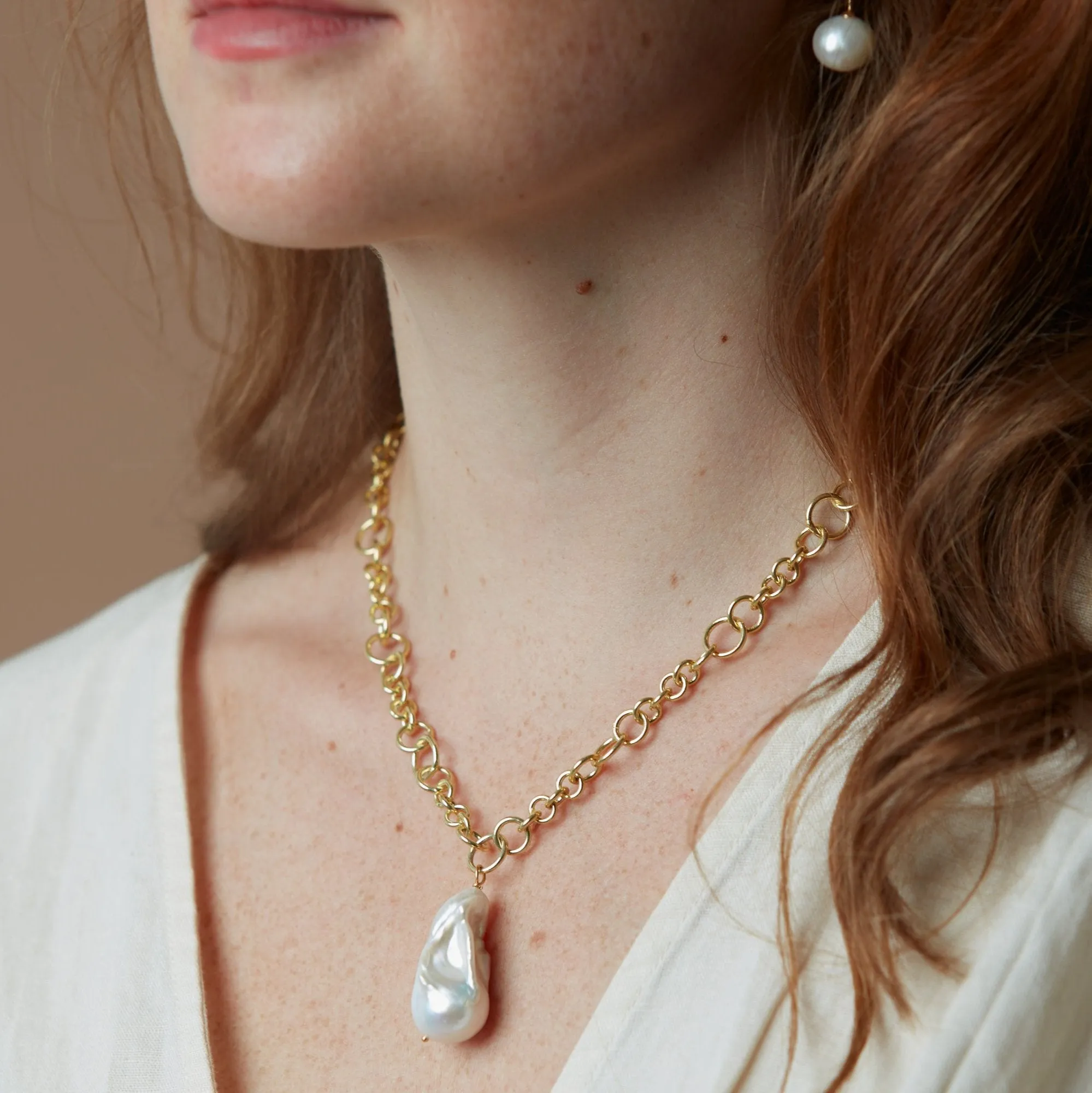 Decus large baroque 'fireball' cultured freshwater pearl drop on chunky gold chain