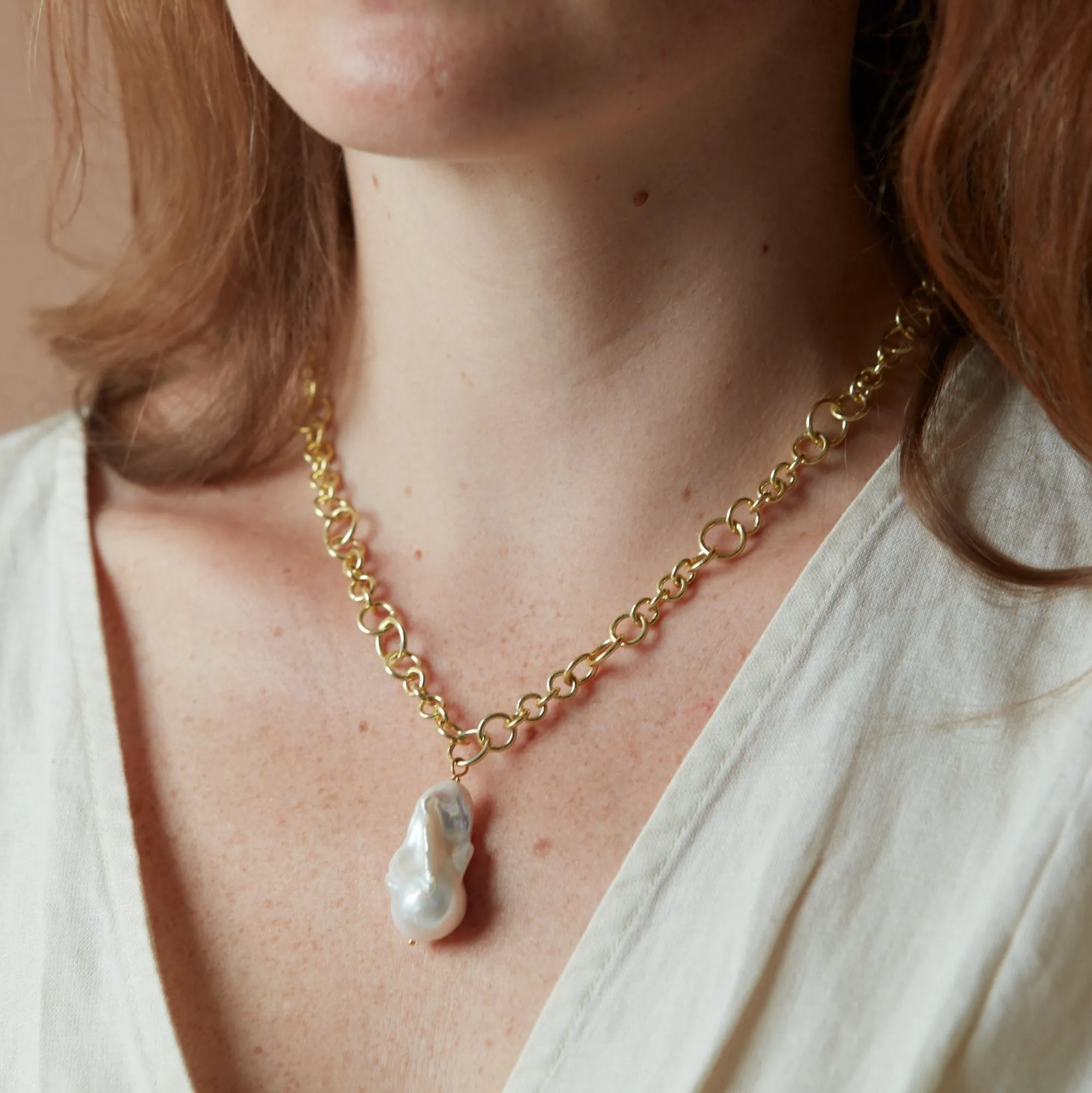 Decus large baroque 'fireball' cultured freshwater pearl drop on chunky gold chain