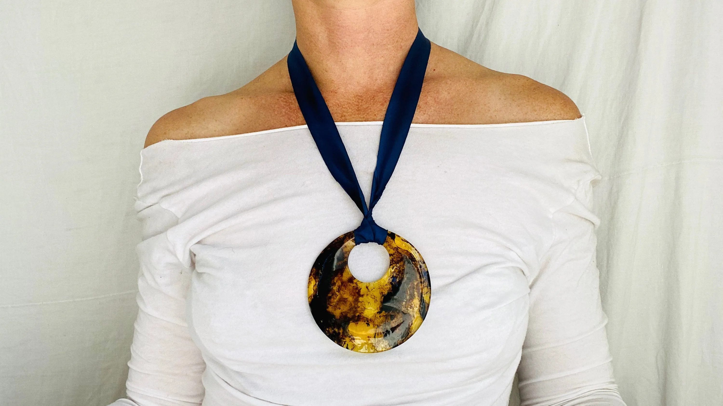 Huge Amber Pendant on a Silk Satin Ribbon