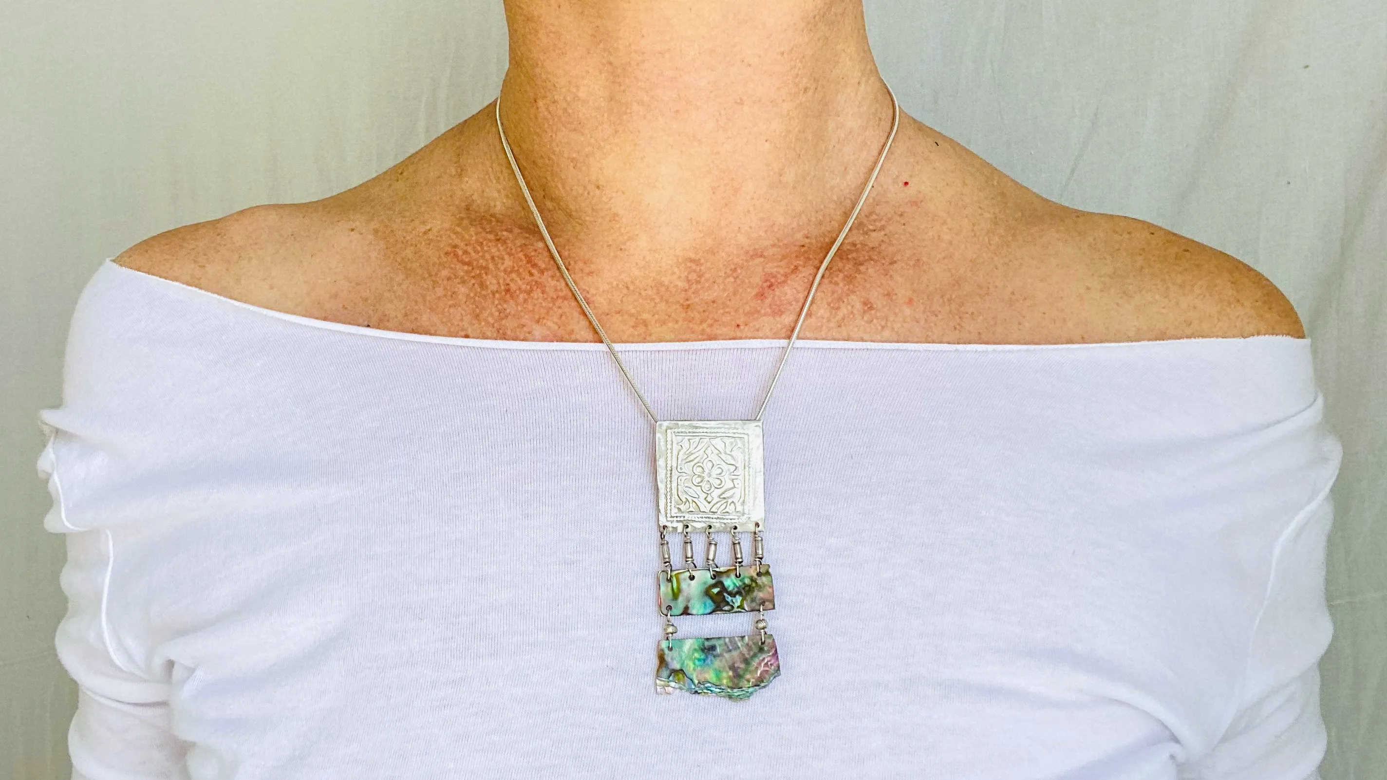 Paua & Silver Necklace. Pendant. Snake Chain.