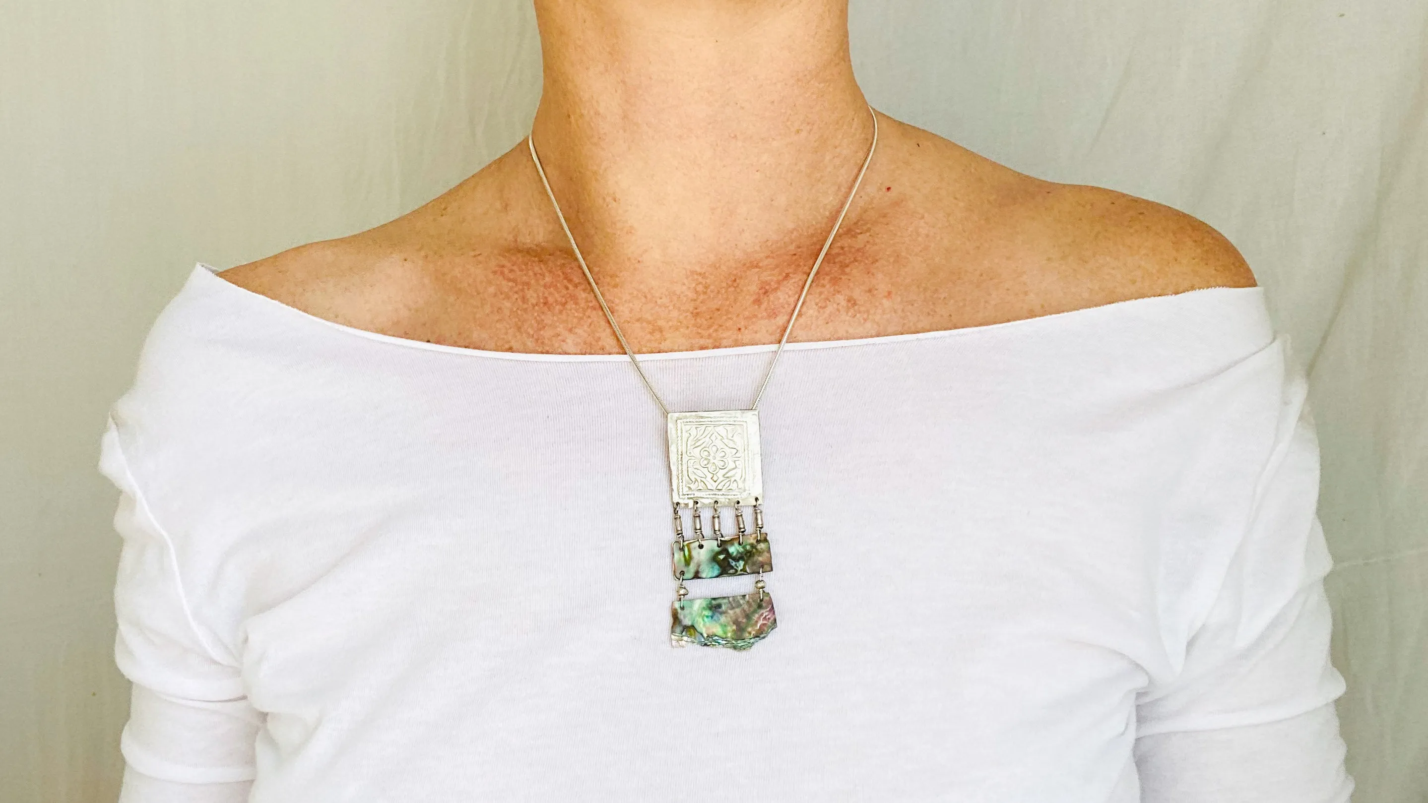 Paua & Silver Necklace. Pendant. Snake Chain.