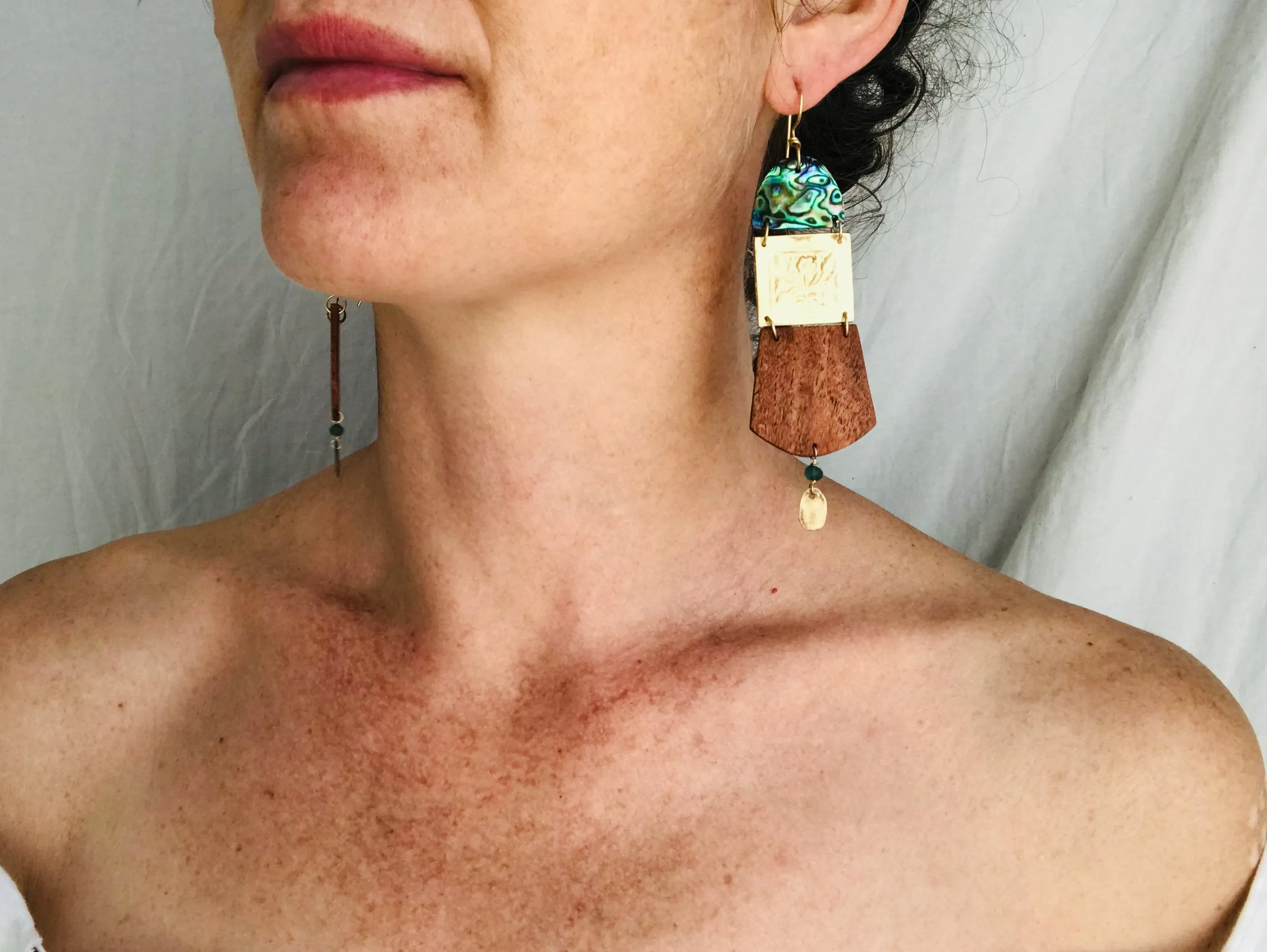 Paua, Brass and Mesquite Earrings. Old Mold.