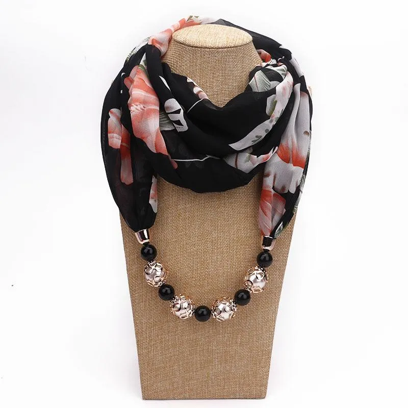 Summer Floral Chiffon Scarf with Necklace