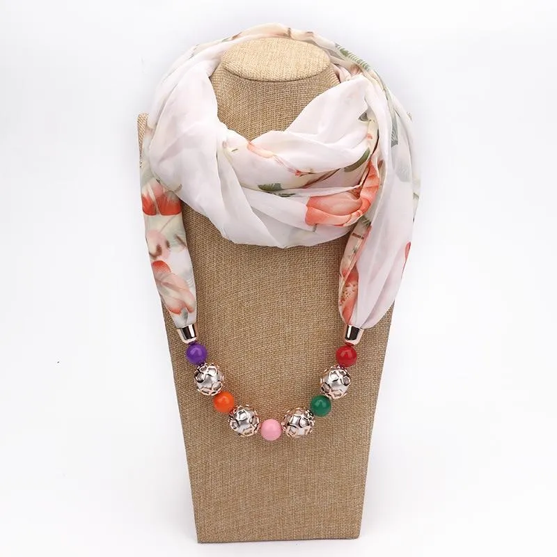 Summer Floral Chiffon Scarf with Necklace