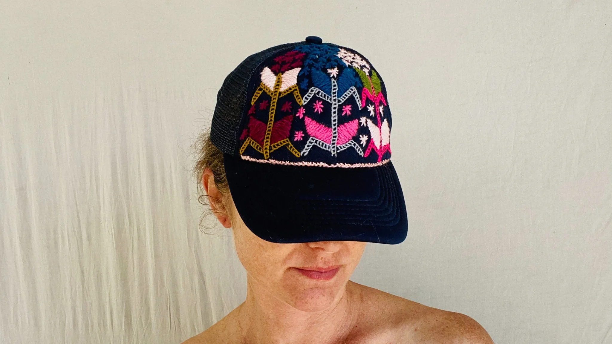 Trucker Hat with Zinacantan Floral Embroidery. Adjustable.
