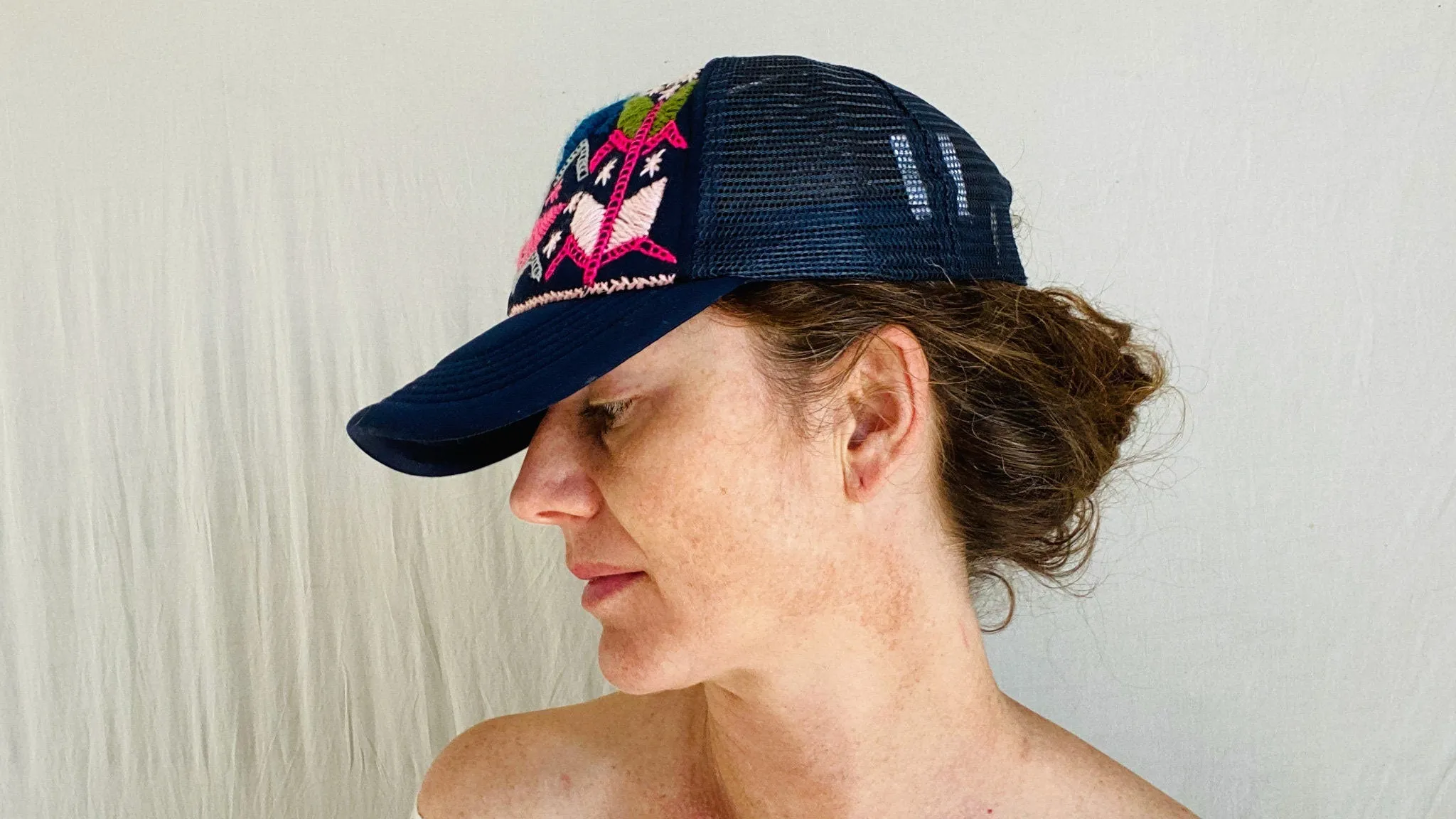 Trucker Hat with Zinacantan Floral Embroidery. Adjustable.