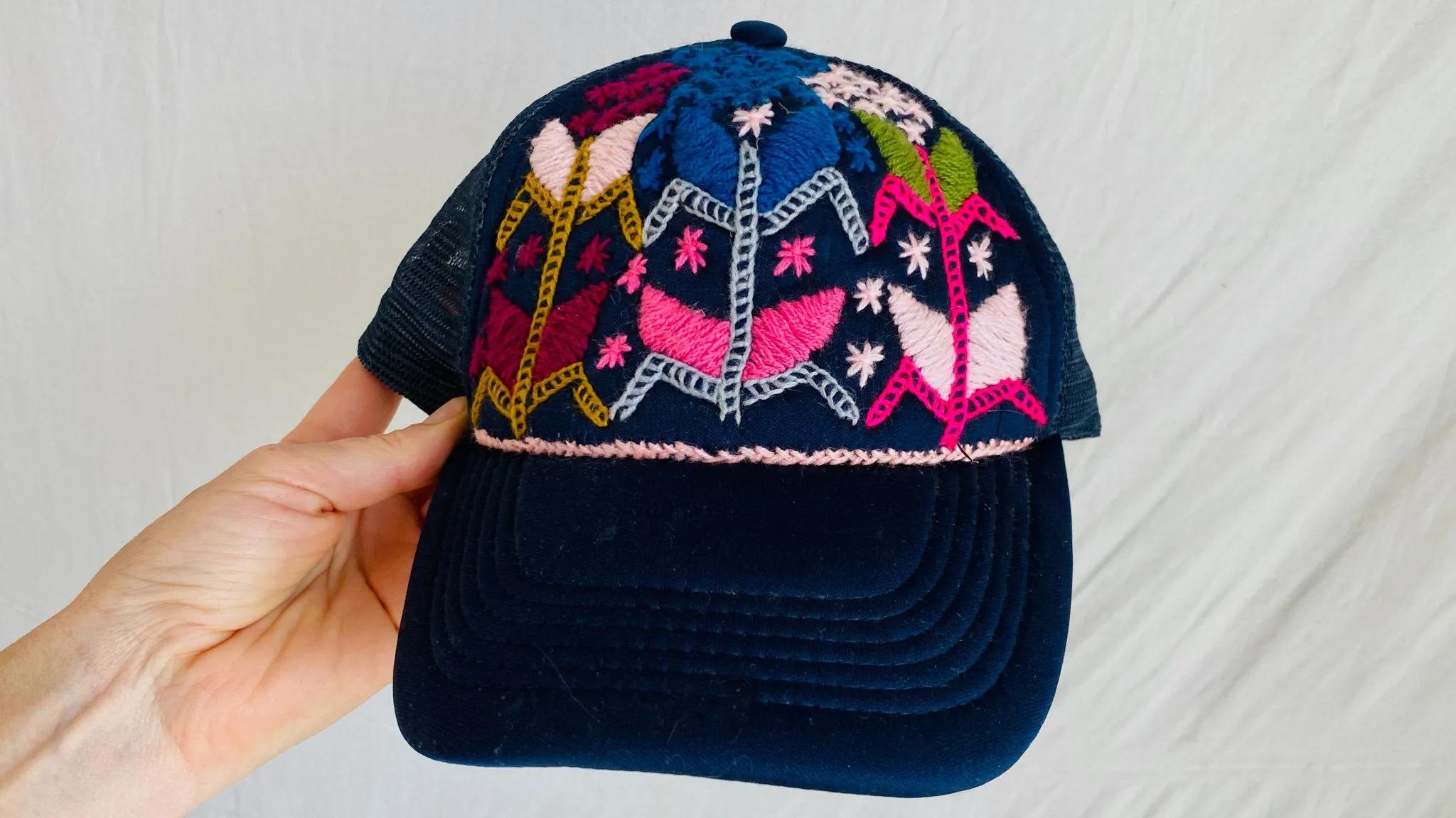 Trucker Hat with Zinacantan Floral Embroidery. Adjustable.