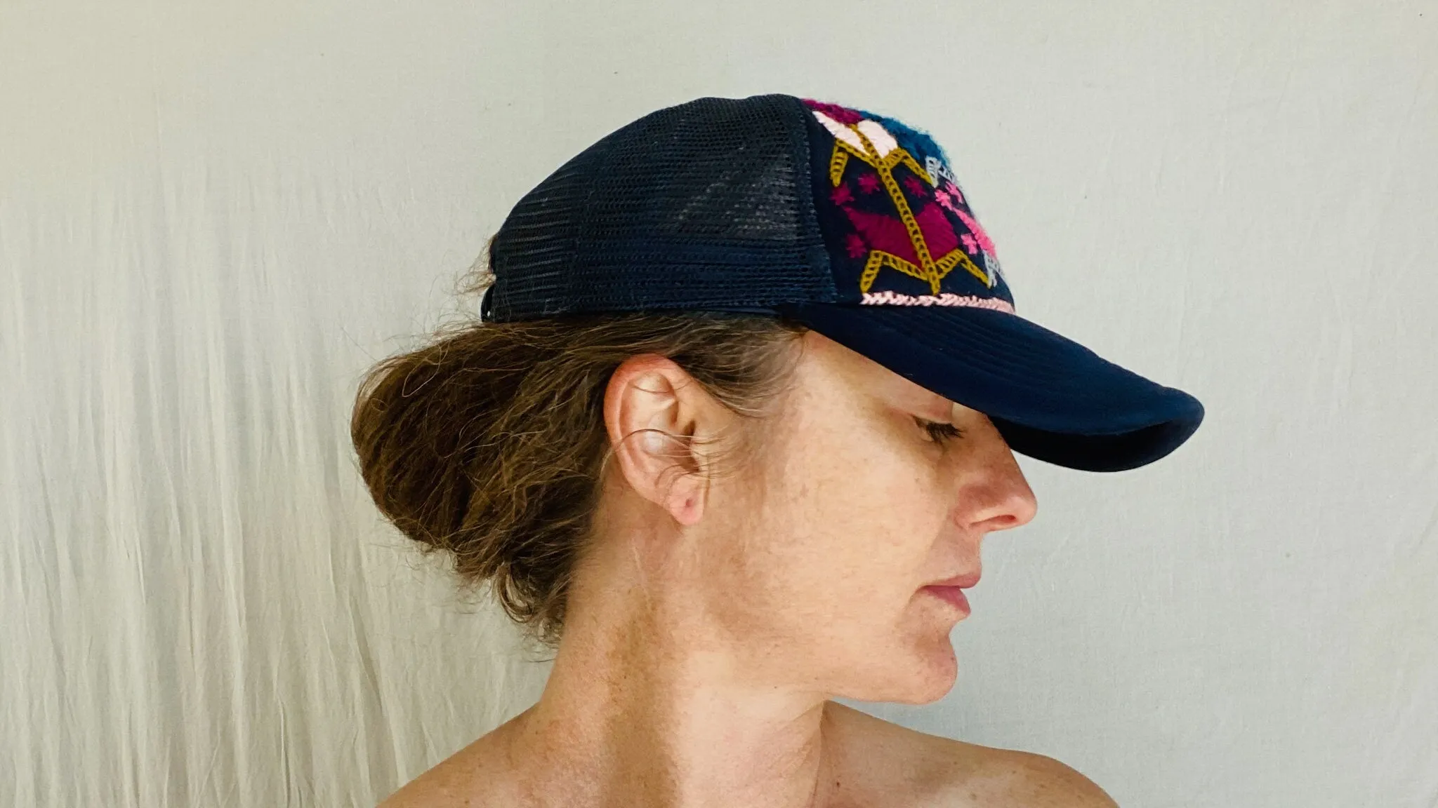 Trucker Hat with Zinacantan Floral Embroidery. Adjustable.